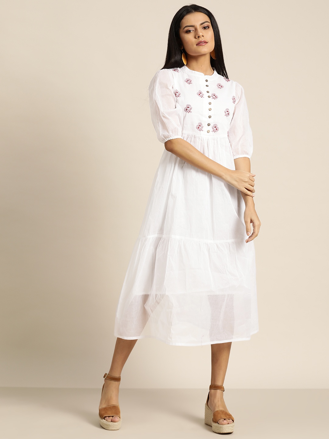 

Shae by SASSAFRAS White Floral Embroidered A-Line Cotton Organdy Tiered Midi Dress