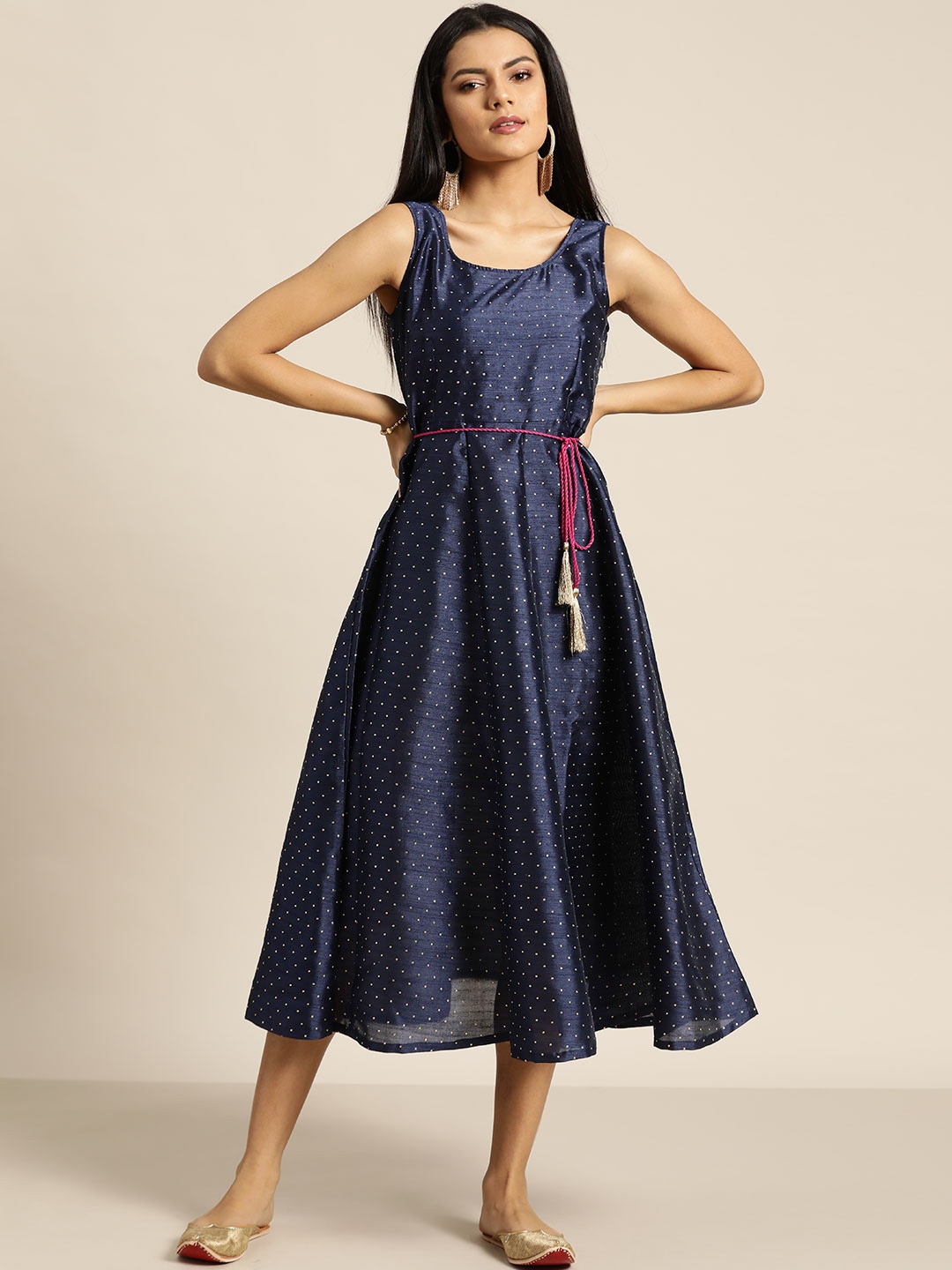 

Shae by SASSAFRAS Navy Blue & Golden A-Line Midi Dress & Belt