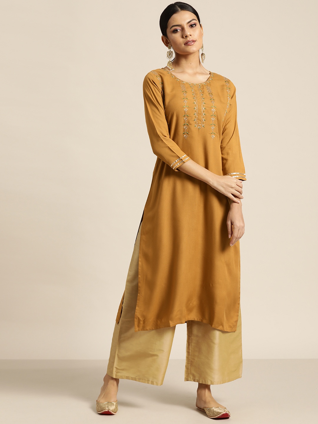 

Shae by SASSAFRAS Women Mustard Yellow & Golden Zari Yoke Design Liva Kurta