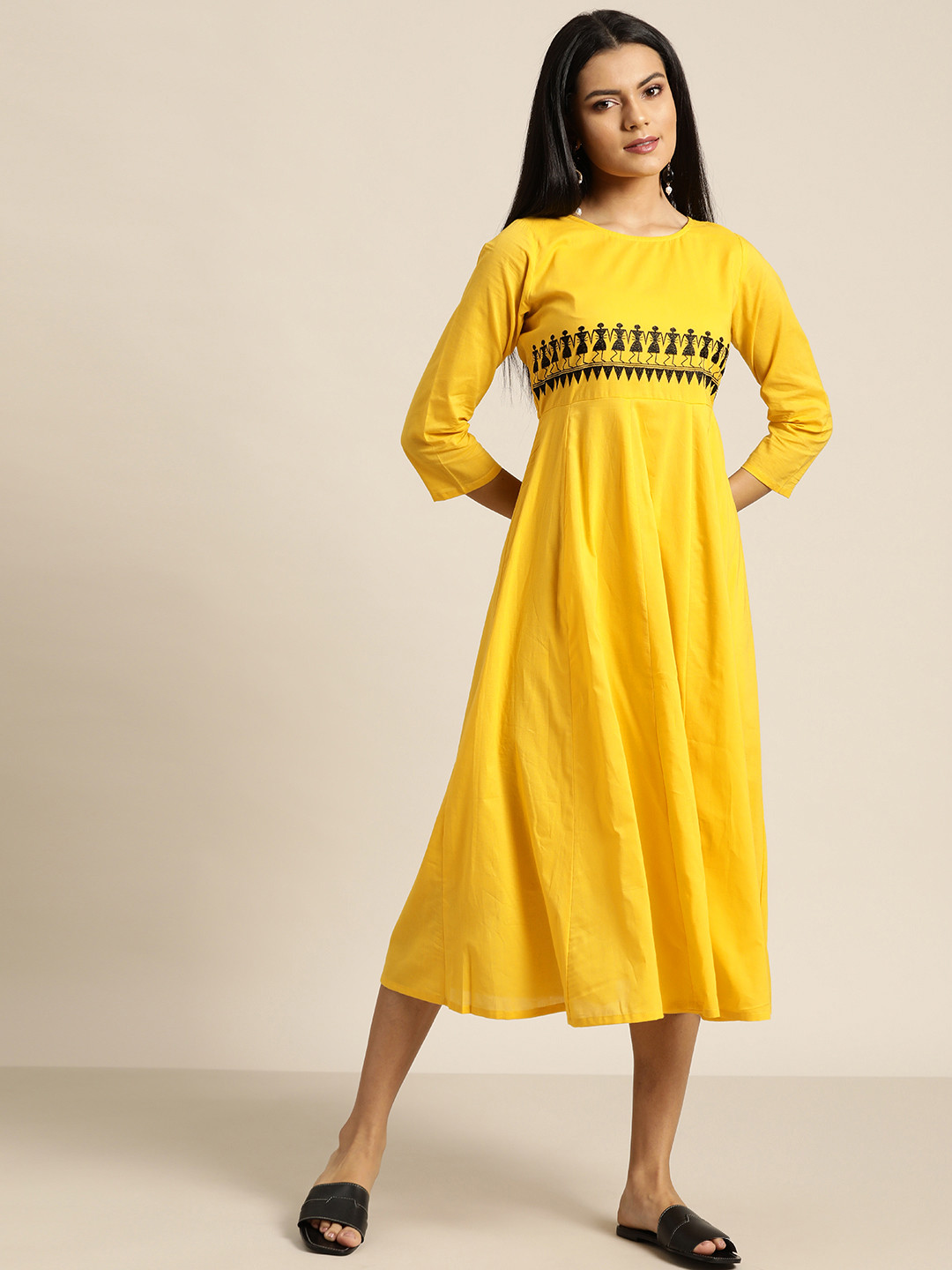 

Shae by SASSAFRAS Yellow Tribal Embroidered A-Line Cotton Midi Dress
