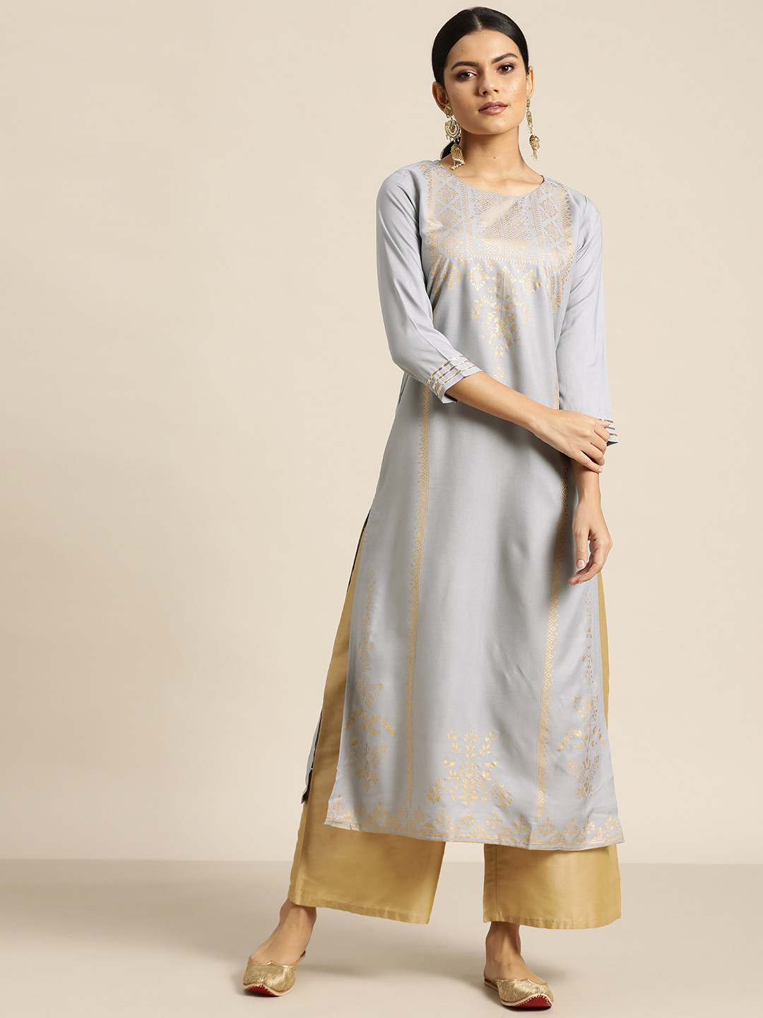 

Shae by SASSAFRAS Women Blue & Golden Floral Foil Printed Pastels Liva Kurta