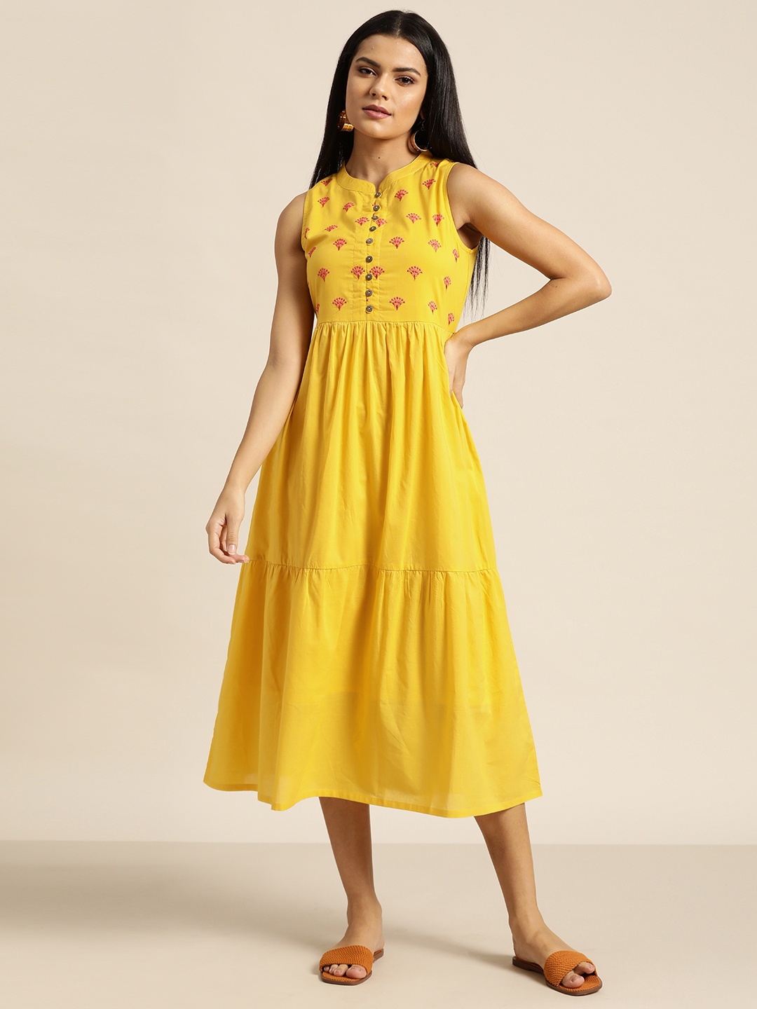

Shae by SASSAFRAS Yellow Ethnic Motifs Embroidered Pure Cotton A-Line Midi Dress