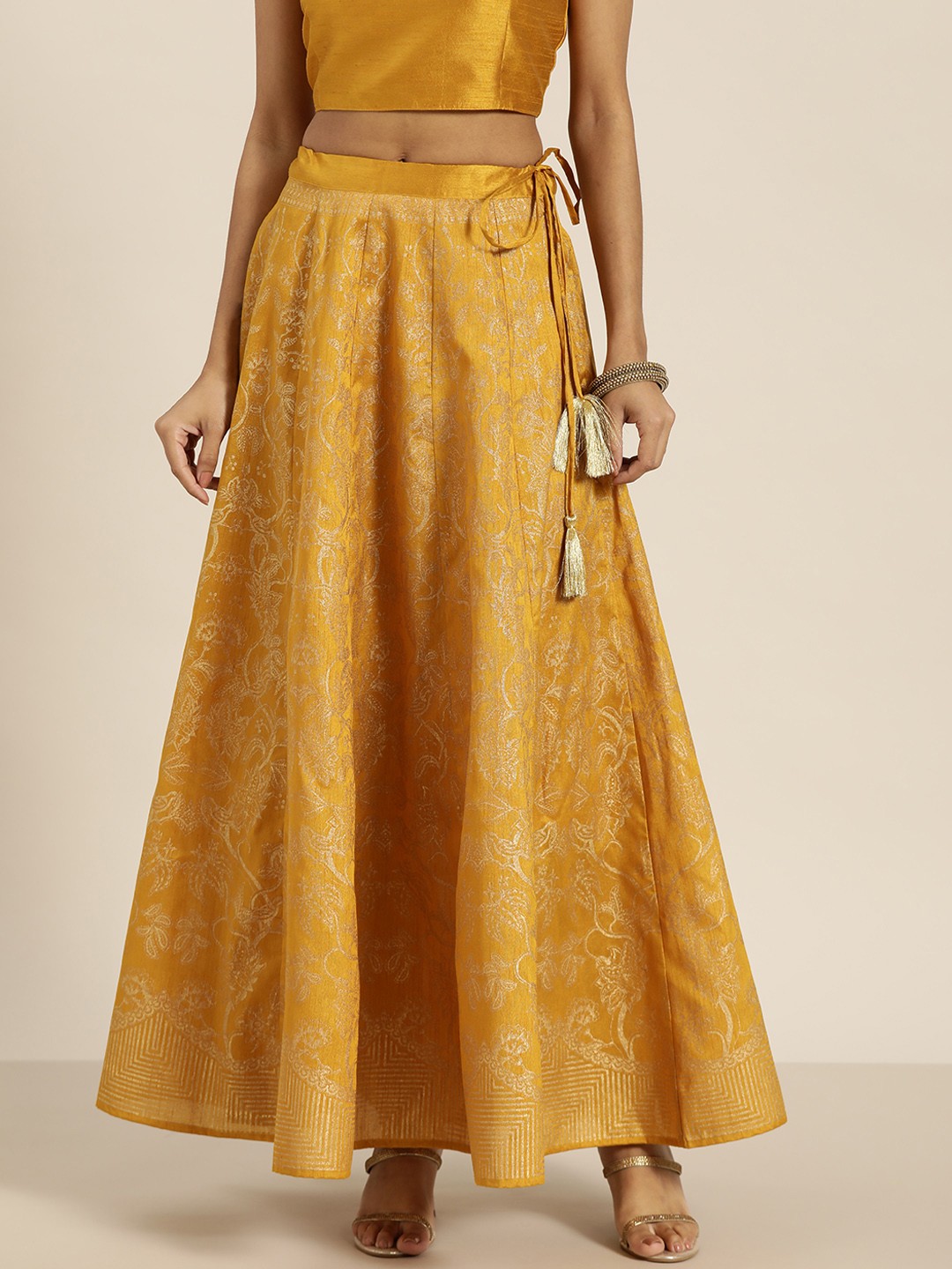 

Shae by SASSAFRAS Mustard Yellow & Golden Foil Ethnic Motif Print Flared Maxi Skirt