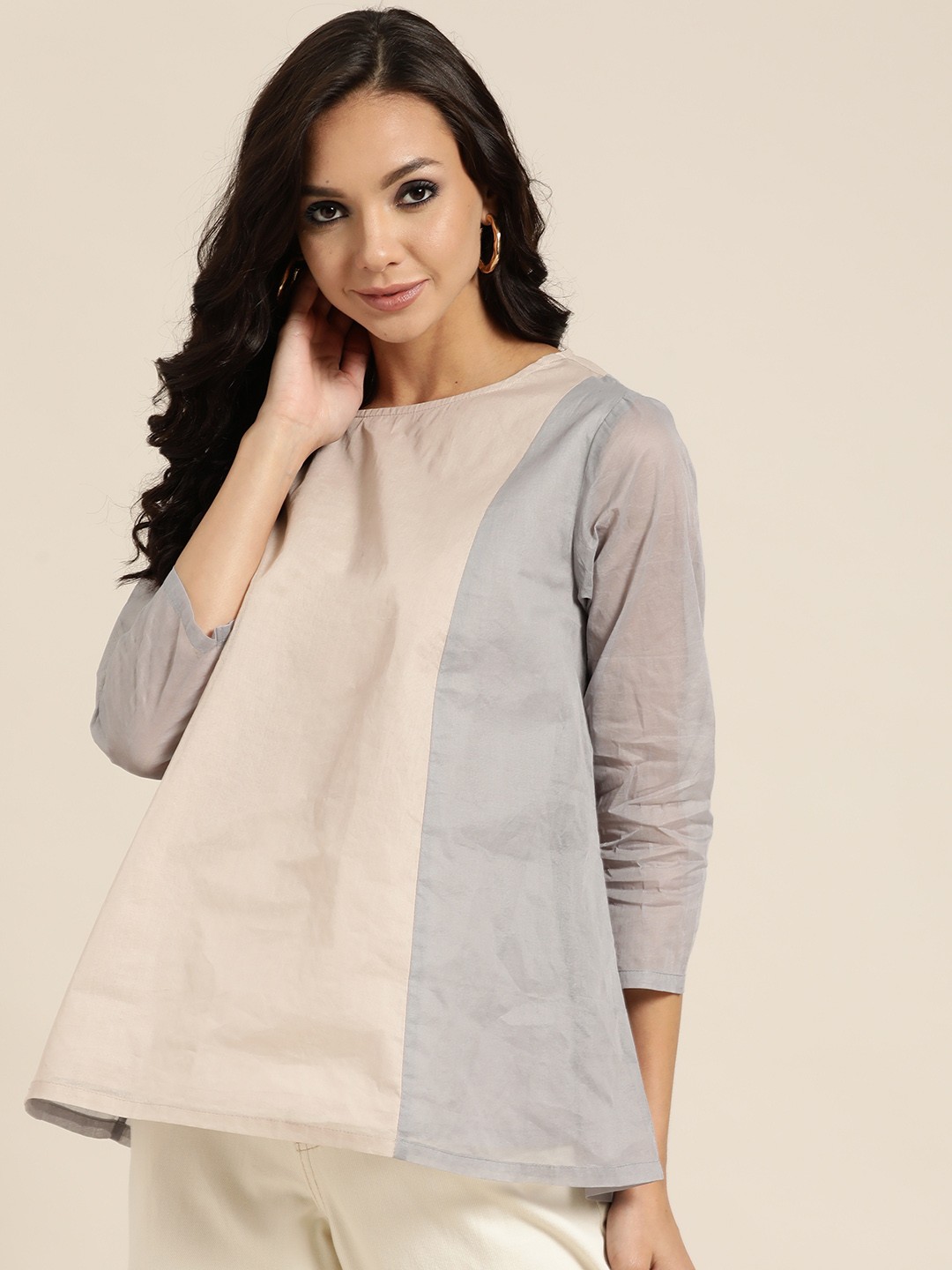 

Shae by SASSAFRAS Beige & Grey Colourblocked Cotton Organdy A-Line Top