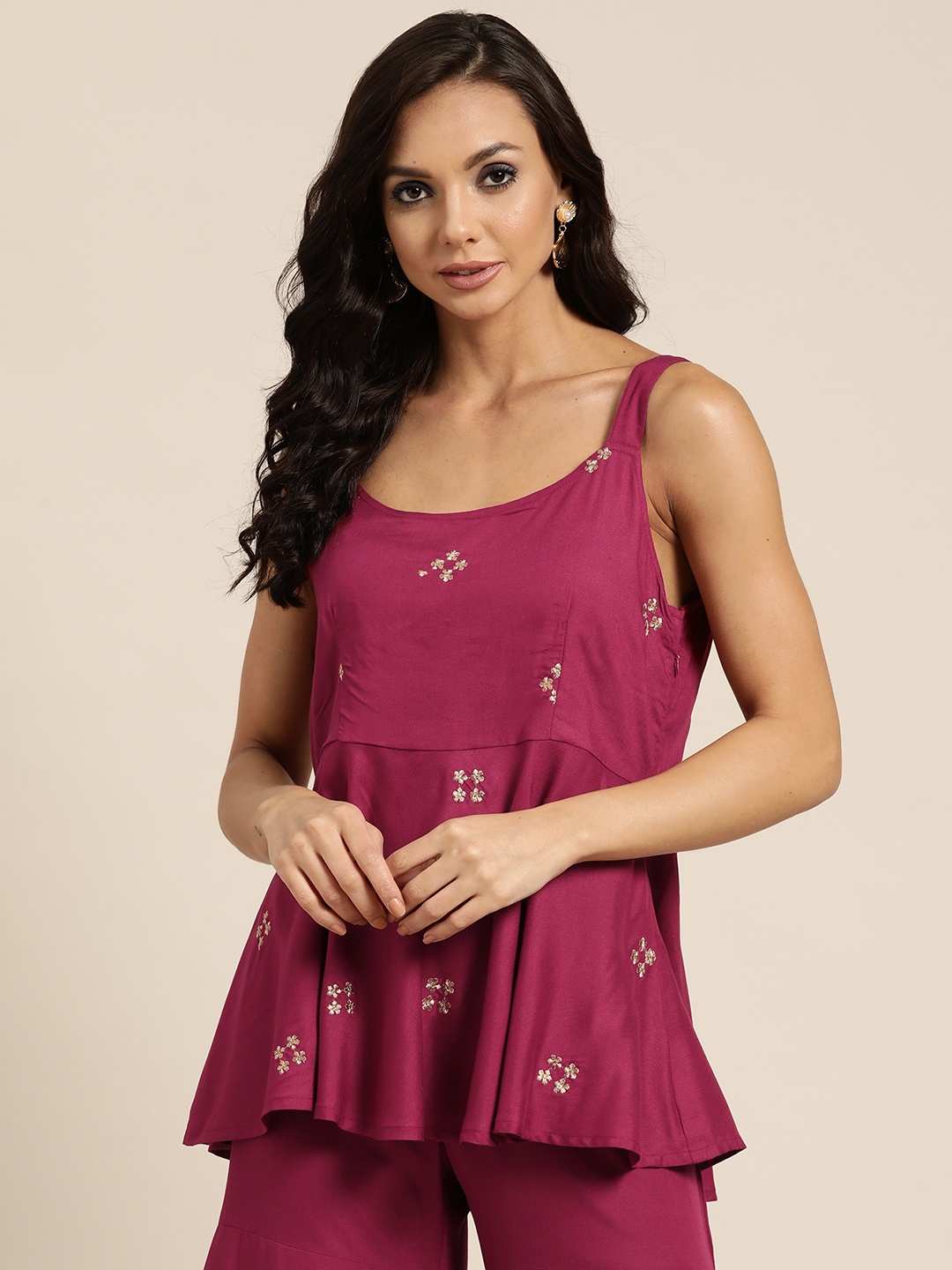 

Shae by SASSAFRAS Burgundy & Golden Floral Zari Embroidered Liva A-Line Top