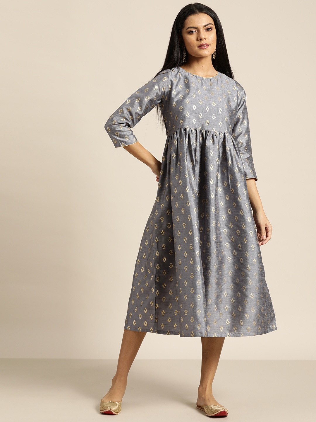 

Shae by SASSAFRAS Grey & Golden Ethnic Print A-Line Midi Dress