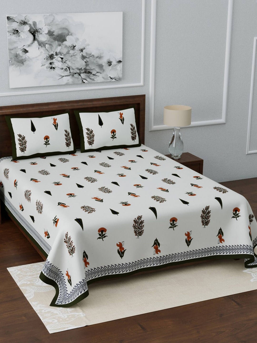 

LIVING ROOTS White & Brown Floral 210 TC Cotton King Bedsheet with 2 Pillow Covers
