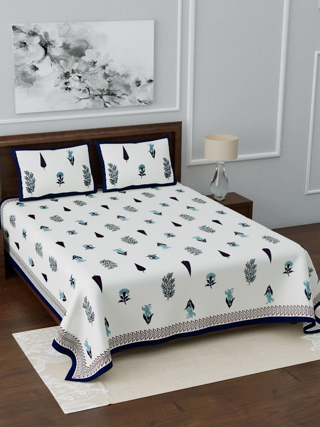 

LIVING ROOTS White & Blue Ethnic Motifs 210 TC King Bedsheet with 2 Pillow Covers