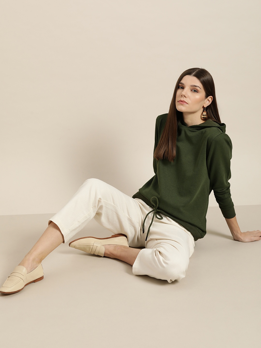 

her by invictus Women Olive Green Solid Hooded Sweatshirt with Waist Tie-up