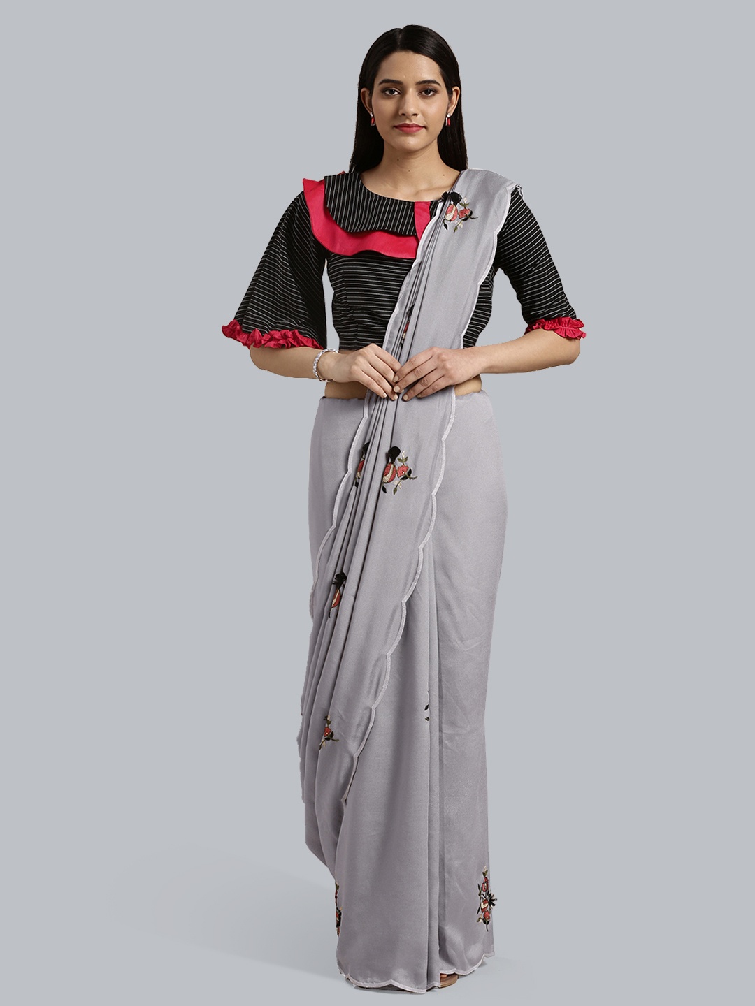 

Kvsfab Floral Embroidered Saree, Grey