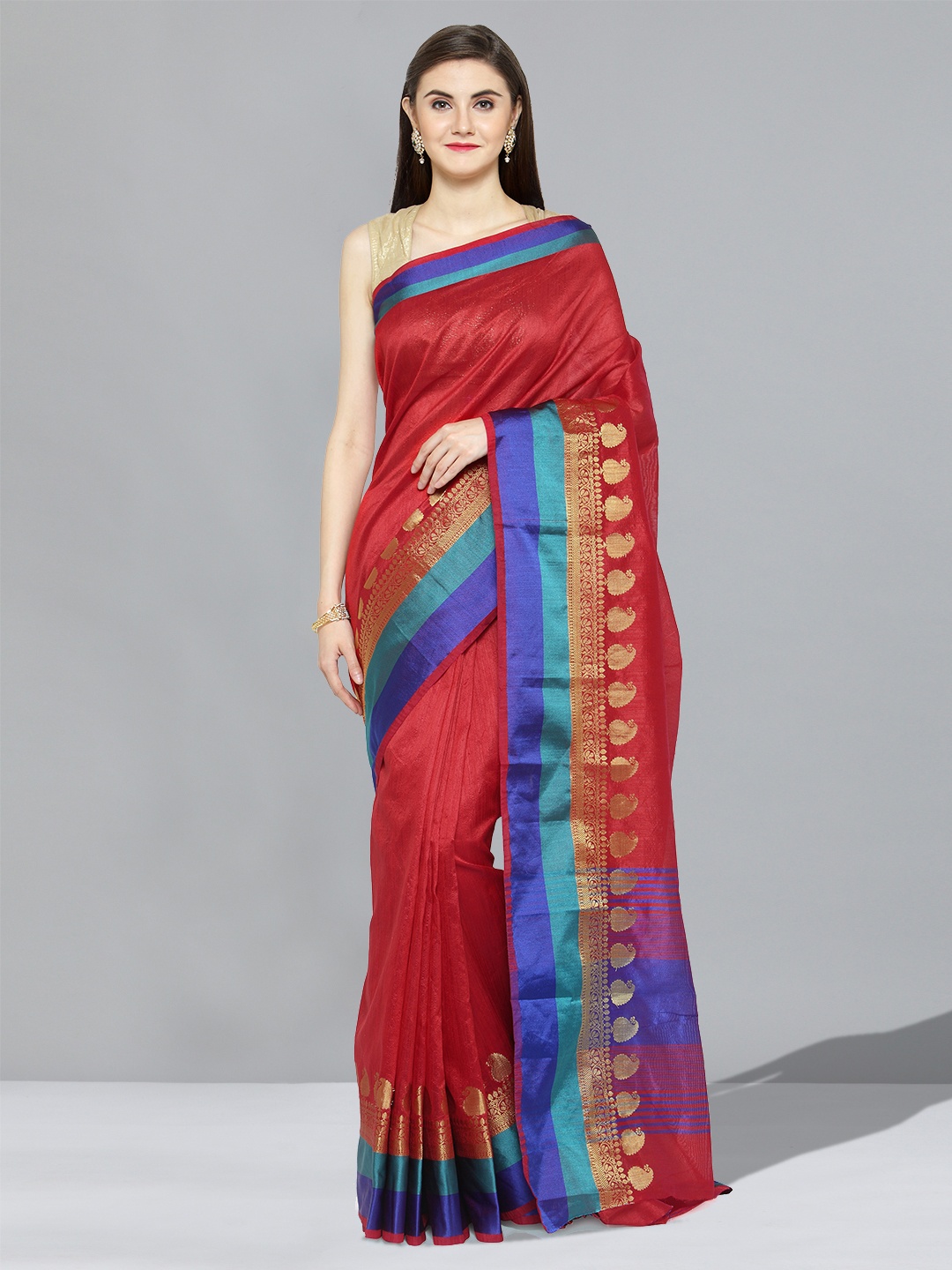 

Kvsfab Zari Silk Cotton Saree, Red