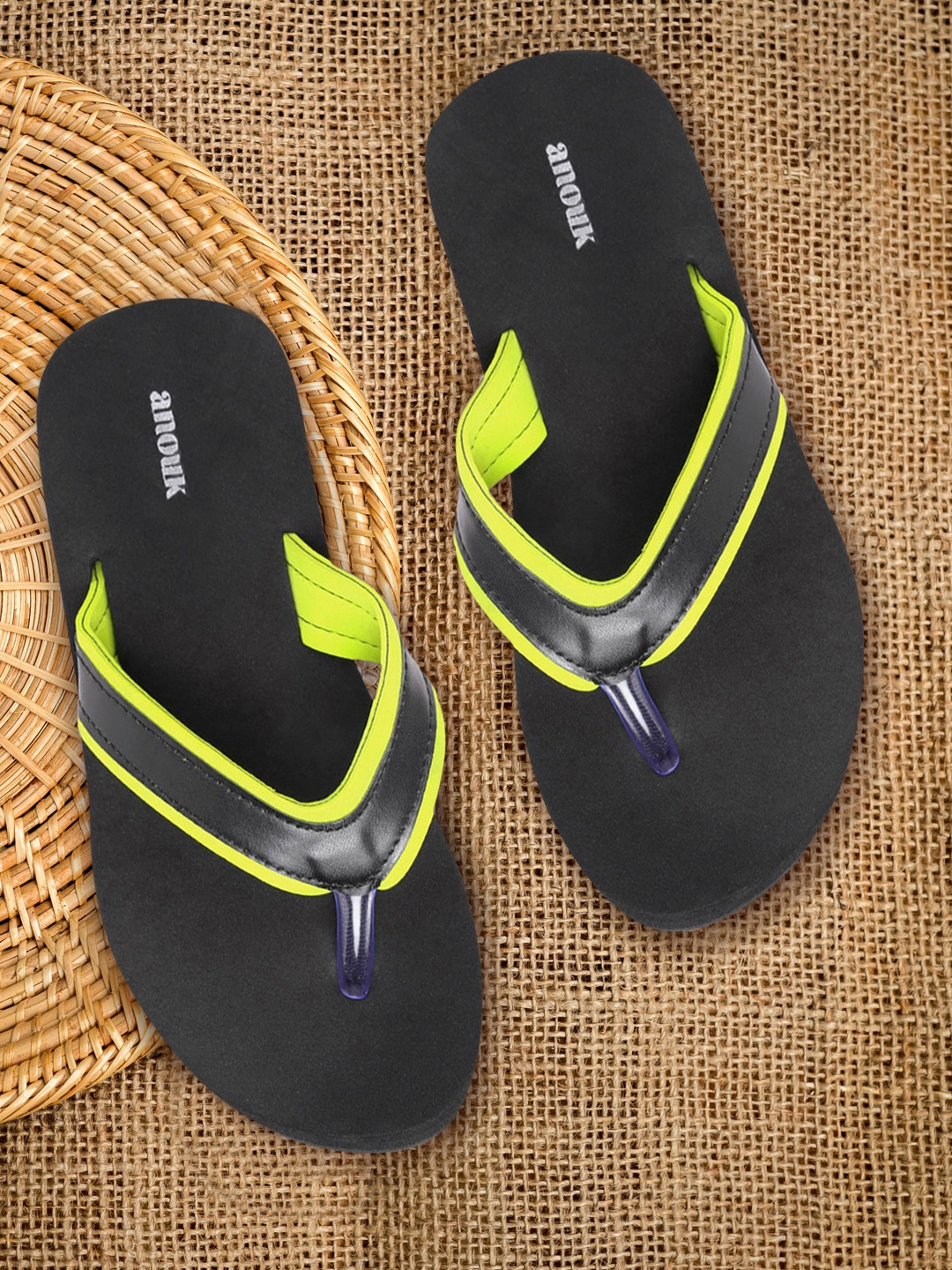 

Anouk Women Black & Fluorescent Green Striped Thong Flip-Flops