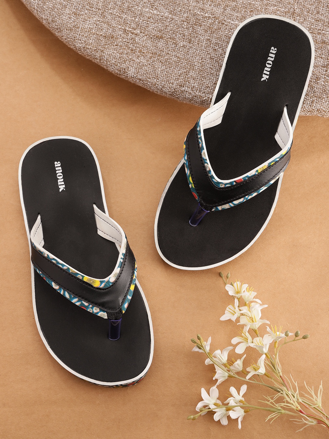 

Anouk Women Black & Teal Blue Striped Thong Flip-Flops with Printed Detail
