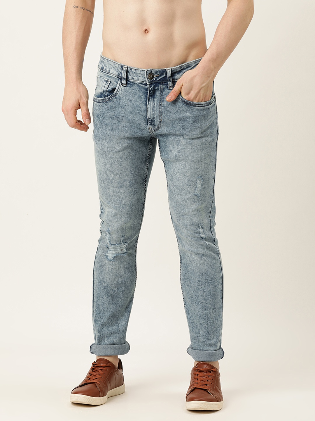 

Flying Machine Men Blue Slim Tapered Fit Michael Light Fade Low Distress Stretchable Jeans