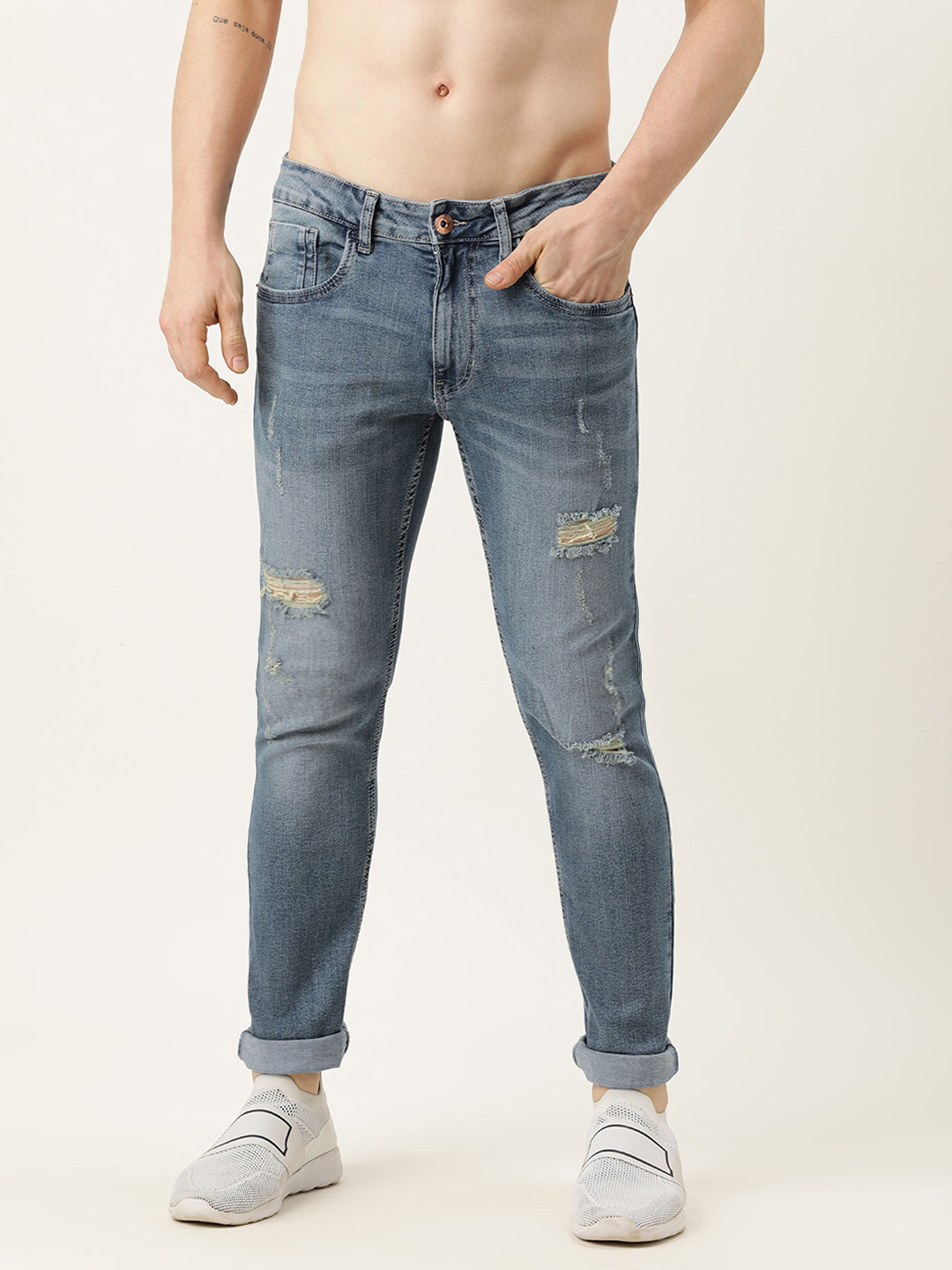 

Flying Machine Men Blue Slim Tapered Fit Michael Light Fade Distressed Stretchable Jeans