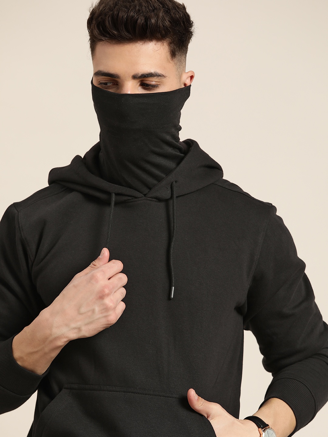 

INVICTUS Men Black Hooded Sweatshirt With inbuilt Mask