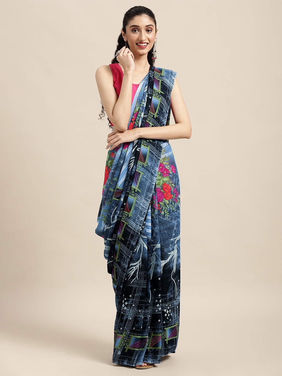 

Moda Rapido Grey & Red Floral Poly Georgette Saree