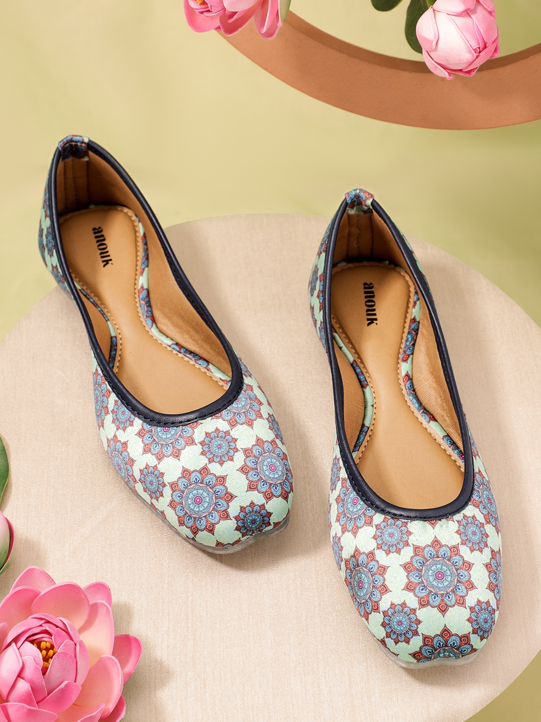 

Anouk Women Teal Blue & Yellow Ethnic Motifs Print Handcrafted Ballerinas