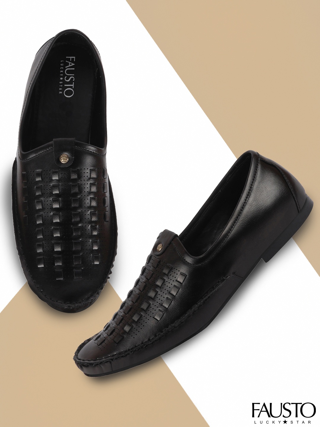 

FAUSTO Men Black Woven Design PU Mojaris