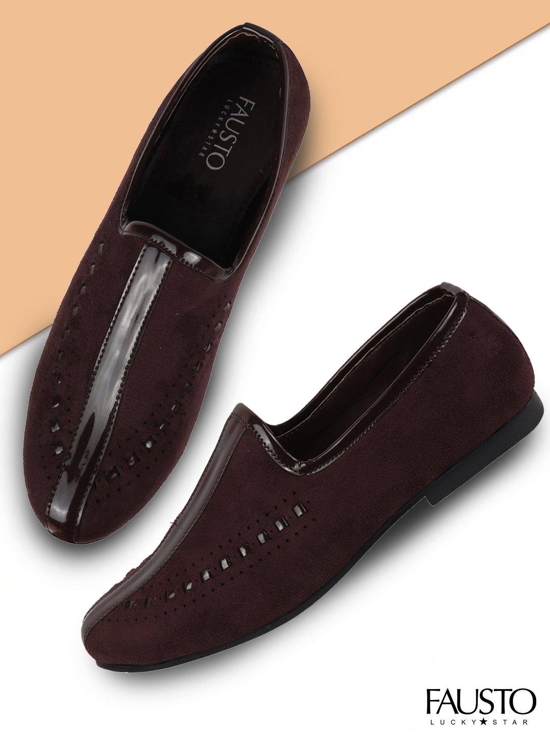 

FAUSTO Men Brown Woven Design Velvet Mojaris