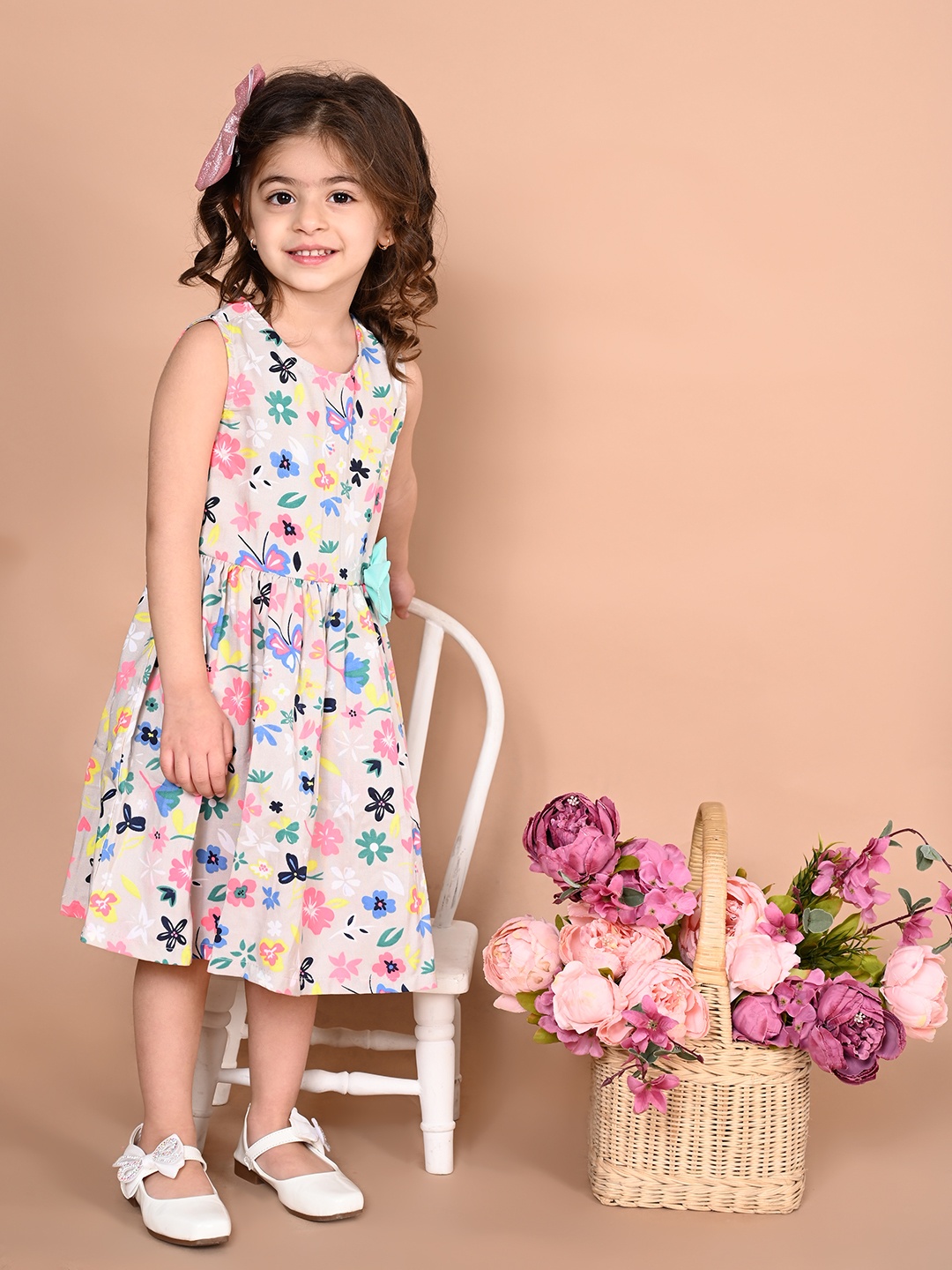 

LilPicks Gilrs Grey & Floral Printed Embellished Bow Flared Sleeveless Dress