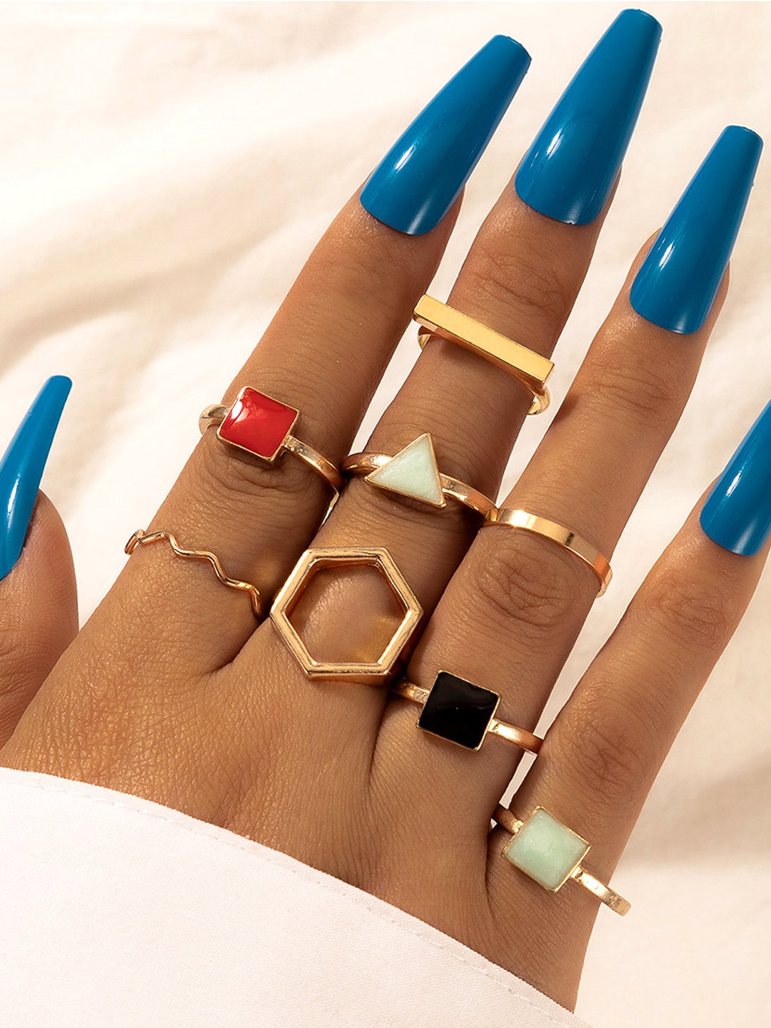 

Yellow Chimes Set Of 8 Gold-Plated Green & Red Stone-Studded Finger Rings