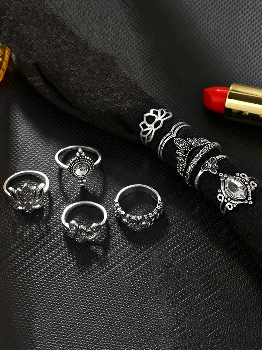 

Yellow Chimes Set Of 10 Oxidised Silver-Plated White Stone-Studded Mid Finger Rings