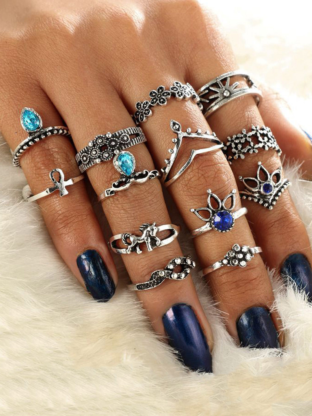 

Yellow Chimes Set Of 13 Oxidized Silver-Plated Crystal-Studded Handcrafted Midi Finger Rings