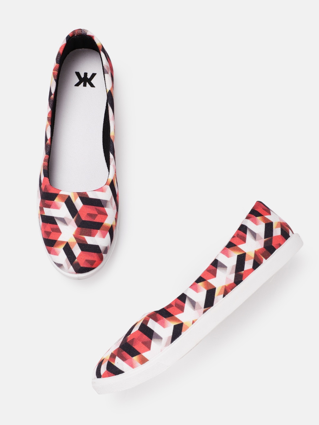 

Kook N Keech Women White & Coral Pink Geometric Print Slip-On Sneakers, Multi