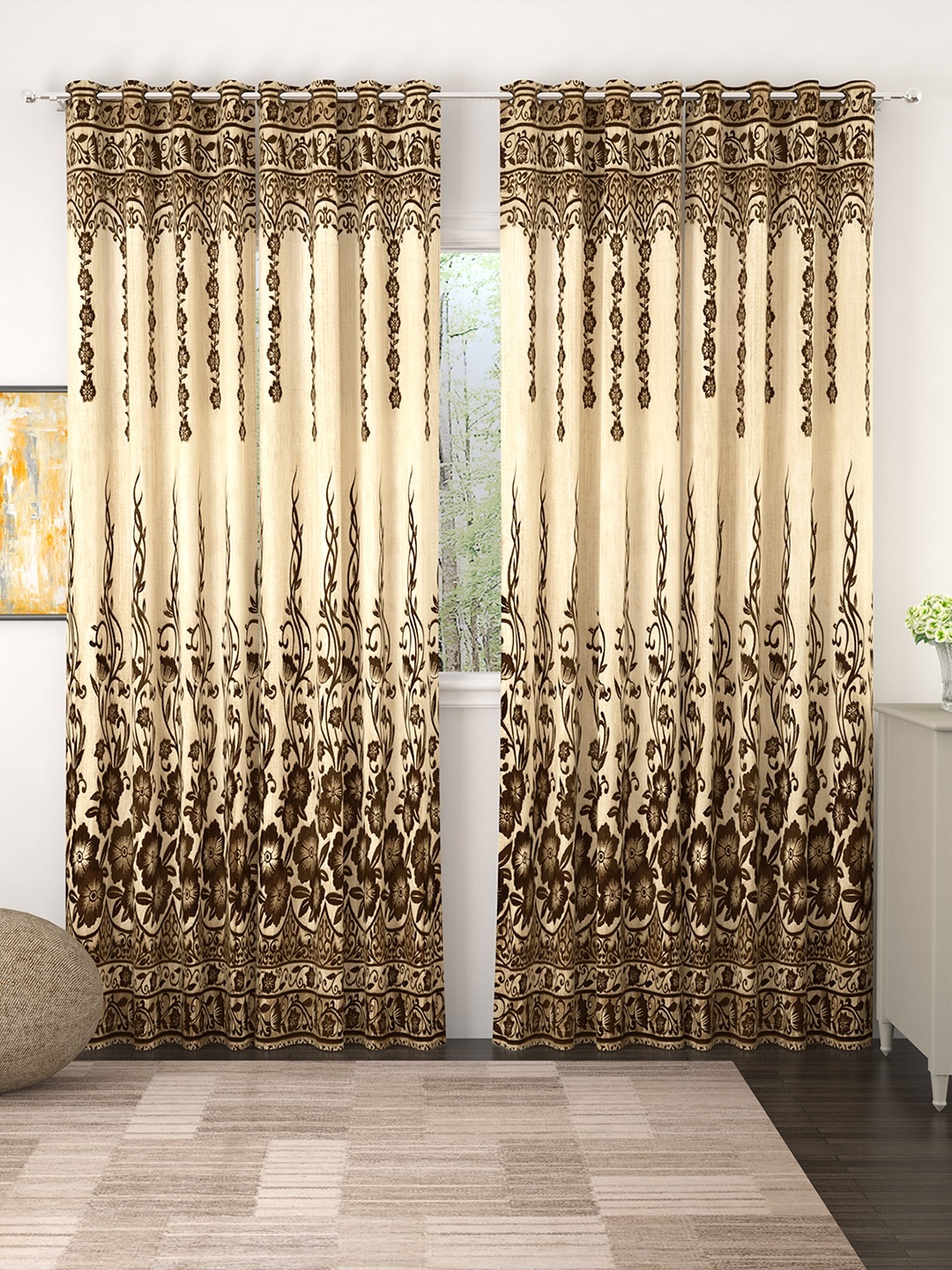 

Story@home Set Of 2 Cream & Coffee Brown 350GSM Room Darkening Eyelet Long Door Curtains