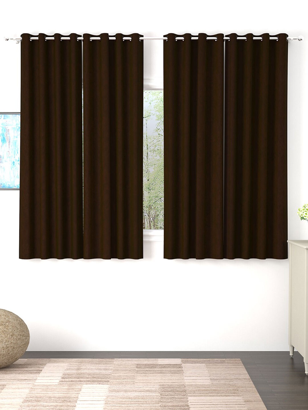 

Story@home Set Of 4 Brown Green Jacquard Textured Window Curtain, Olive