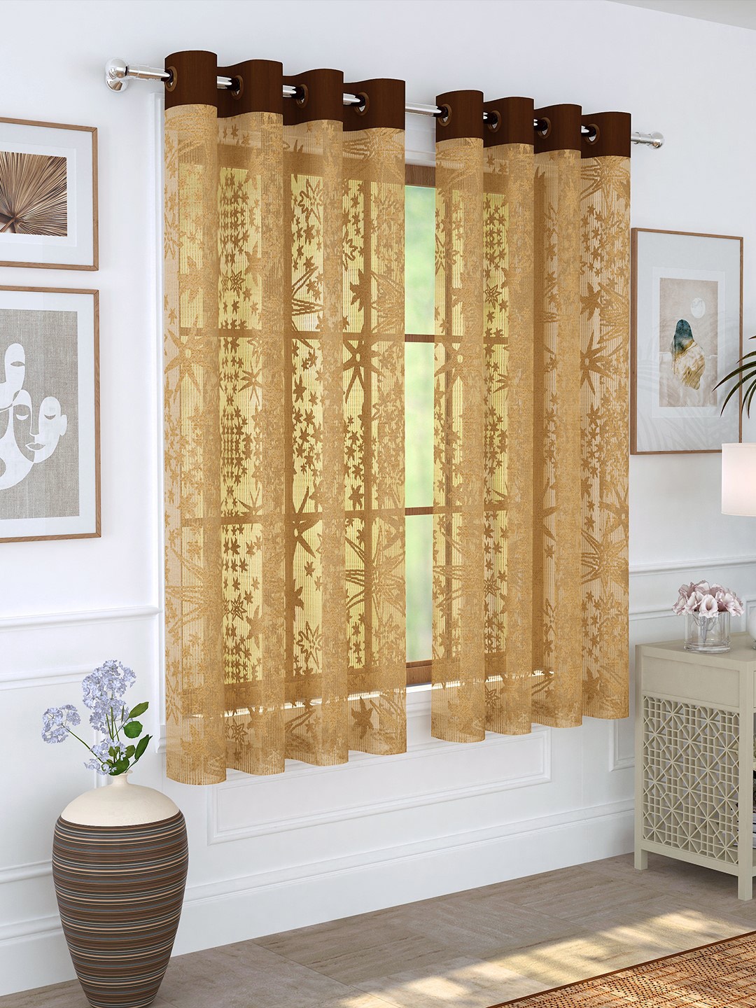 

Story@home Set Of 2 Beige & Brown Sheer Window Curtains
