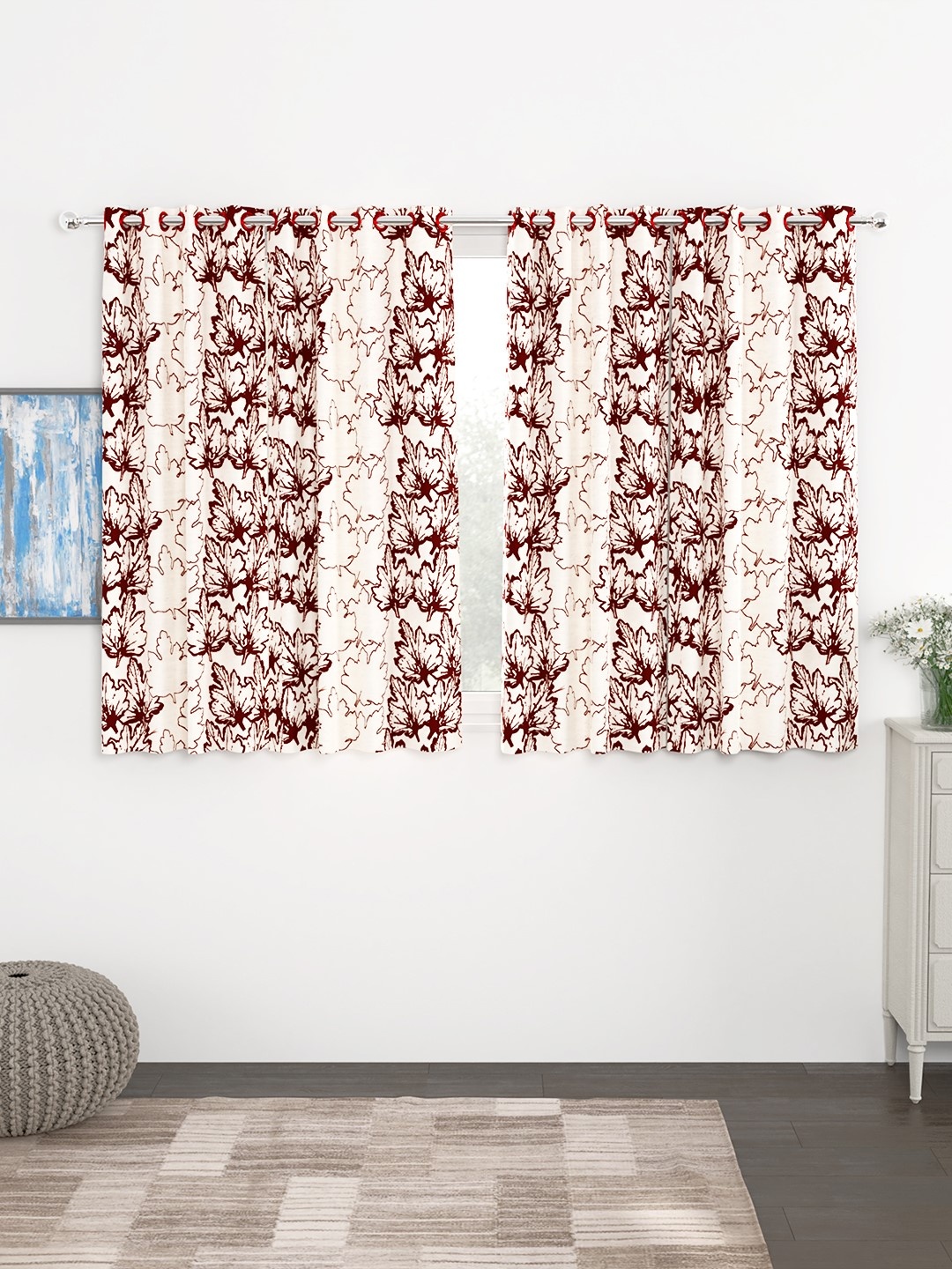 

Story@home Off White & Maroon Set of 4 300GSM Semi Blackout Window Curtains