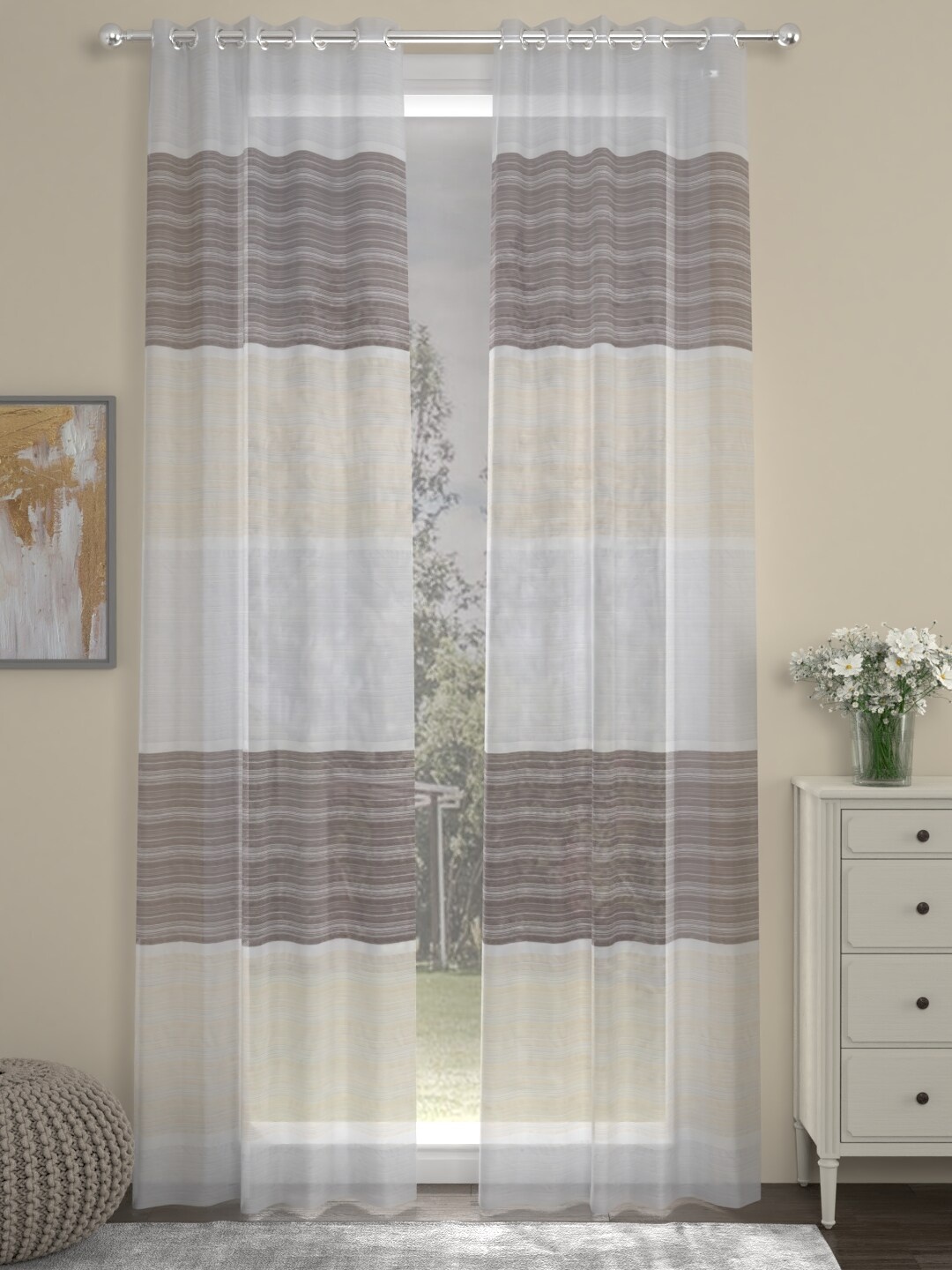 

ROSARA HOME Brown & White Set of 2 Striped Sheer Door Curtain