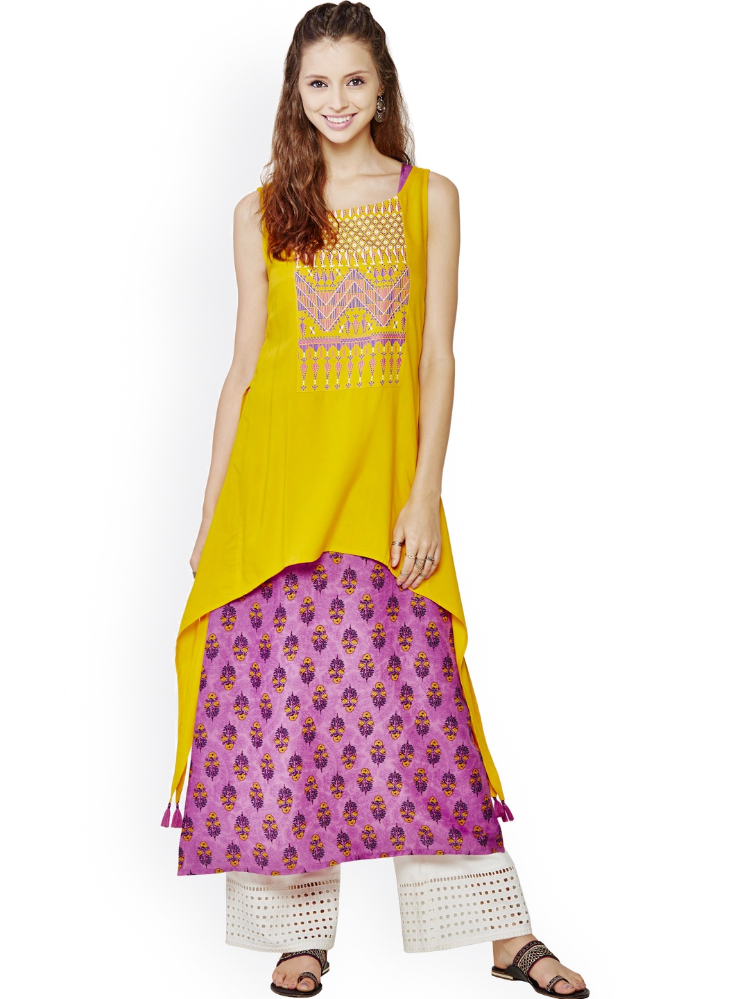 

Global Desi Women Yellow & Purple Printed Layered Kurta