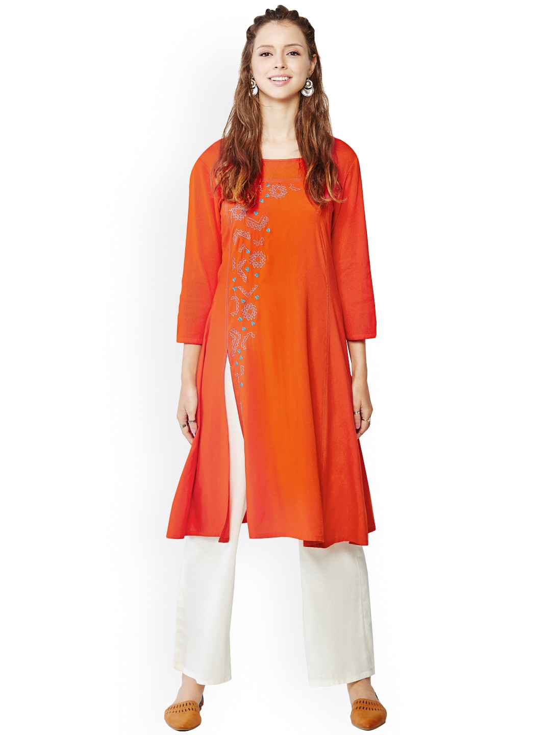 

Global Desi Orange Kurta with Embroidered Detail