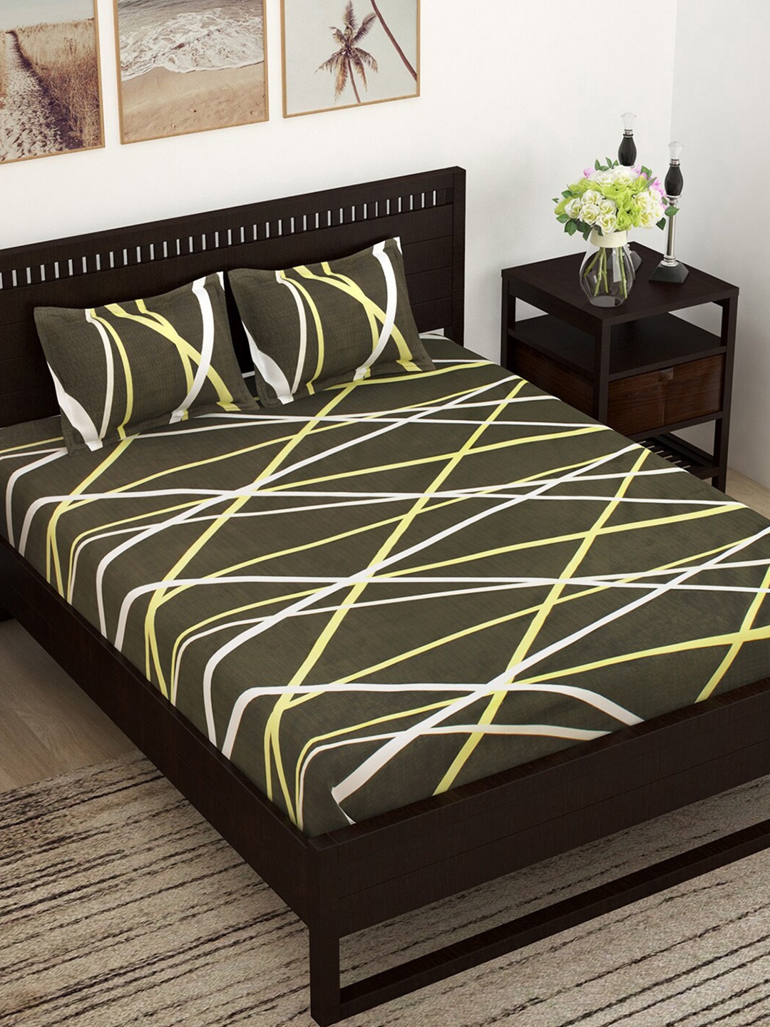 

Story@home Olive Green & Yellow Geometric 144 TC King Bedsheet with 2 Pillow Covers
