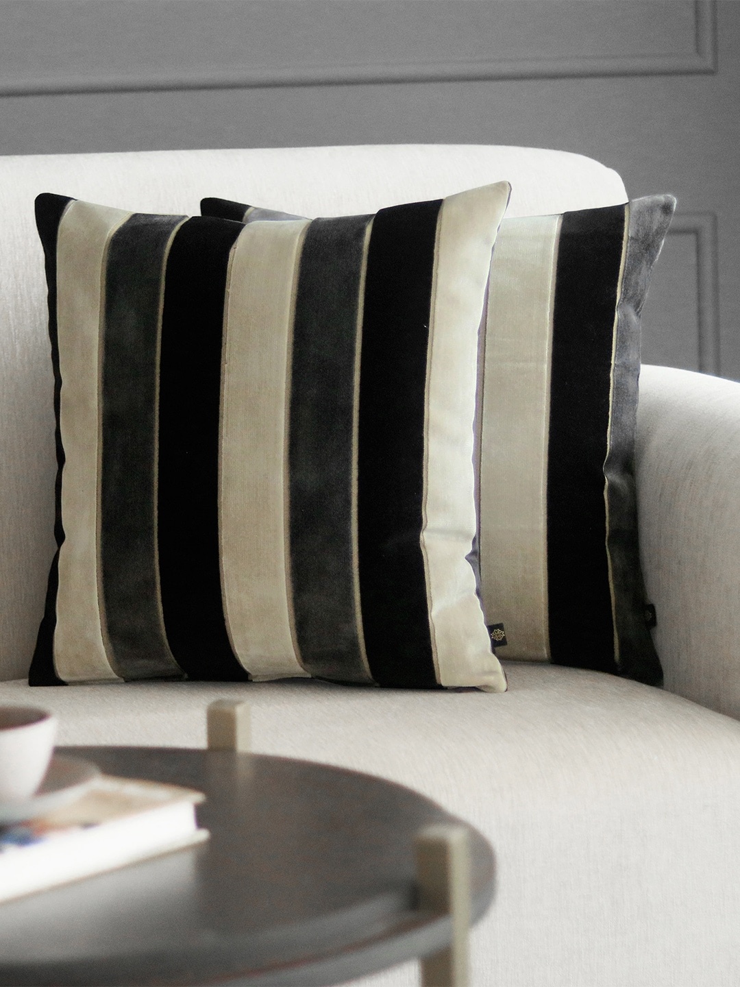 

GM Black & Off White Set of 2 Striped Velvet Square Cushion Covers