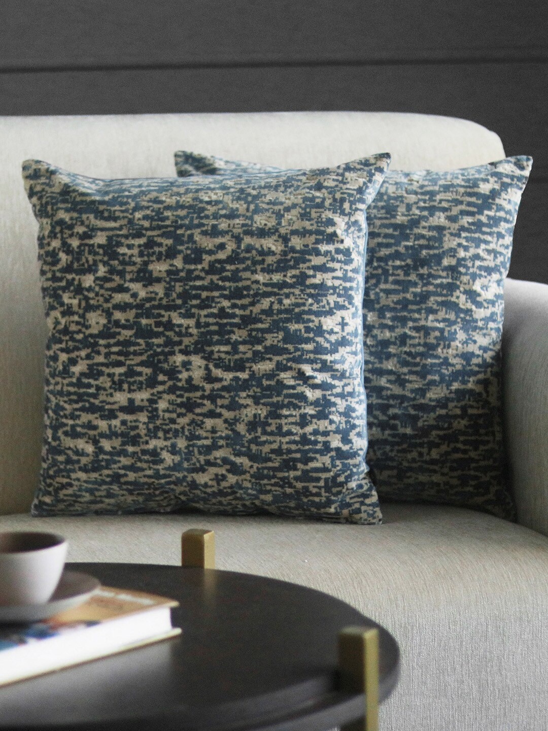 

GM Blue & Off White Set of 2 Abstract Velvet Square Cushion Covers