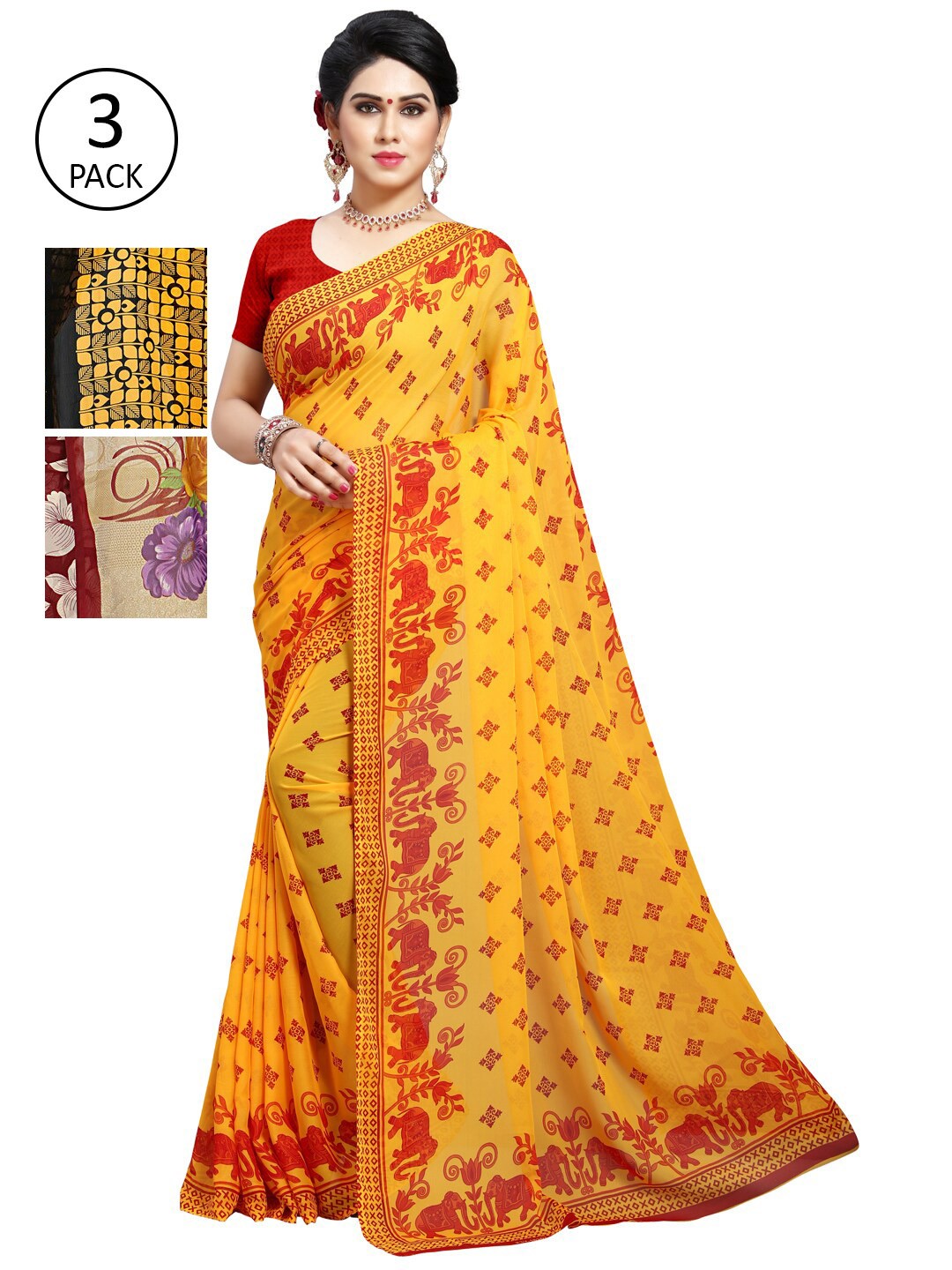 

KALINI Pack of 3 Printed Poly Georgette Saree, Multi