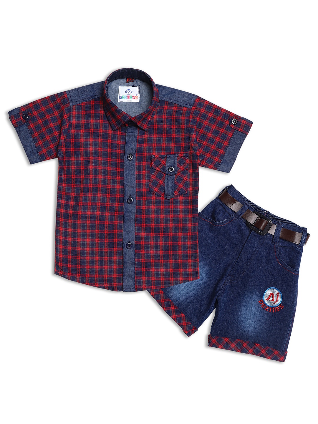 

Kidling Boys Red & Navy Blue Checked Shirt with Shorts