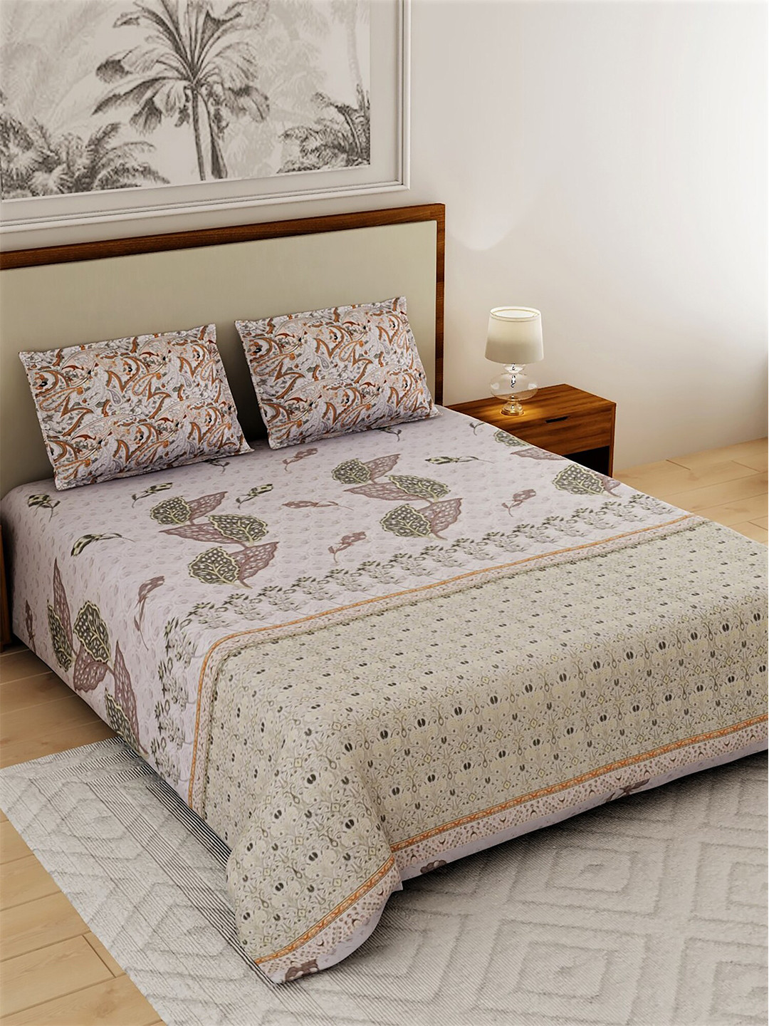 

Salona Bichona Green & Grey Floral 180 TC Queen Bedsheet with 2 Pillow Covers