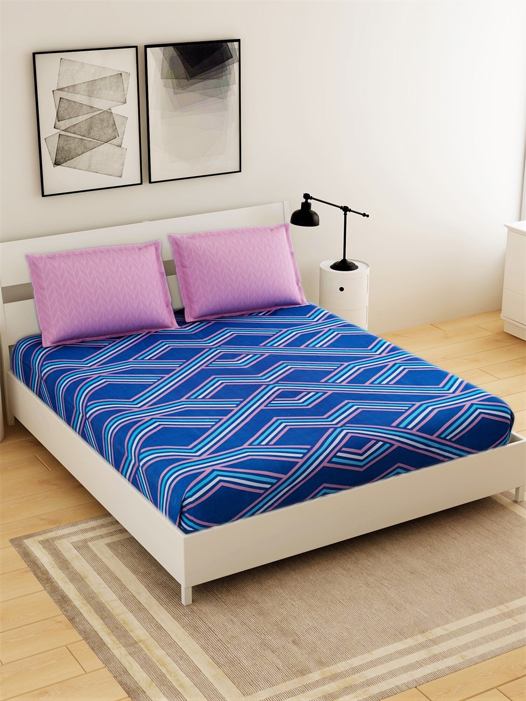 

Salona Bichona Blue Striped 144 TC Queen Bedsheet with 2 Pillow Covers