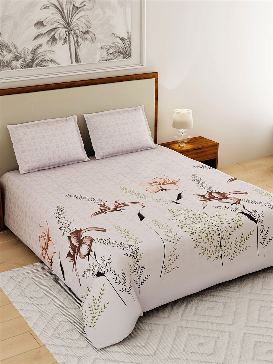 

Salona Bichona Cream & Camel Brown Floral 180 TC Queen Bedsheet with 2 Pillow Covers