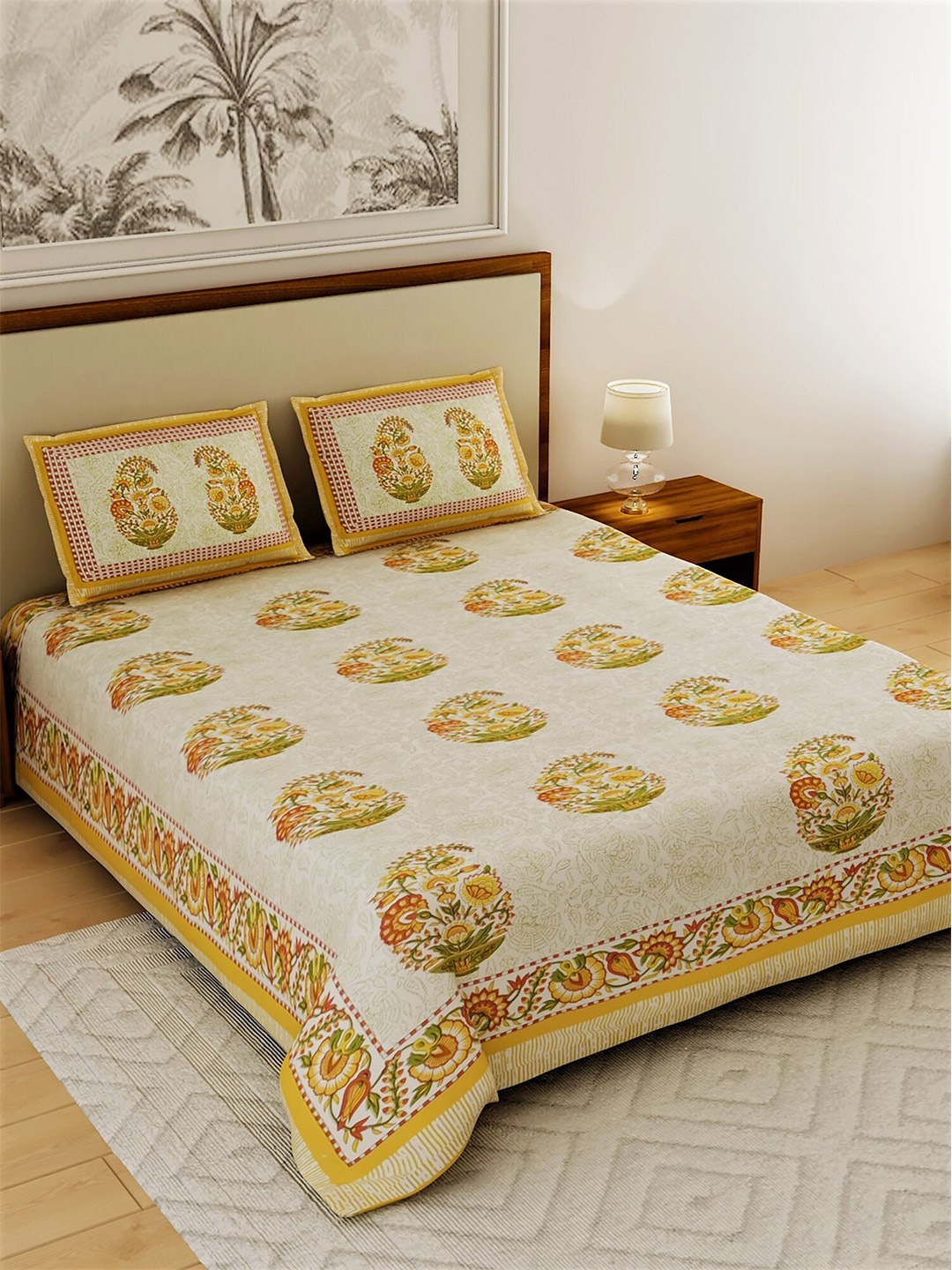 

Salona Bichona Off White & Green Ethnic Motifs 120 TC Queen Bedsheet with 2 Pillow Covers