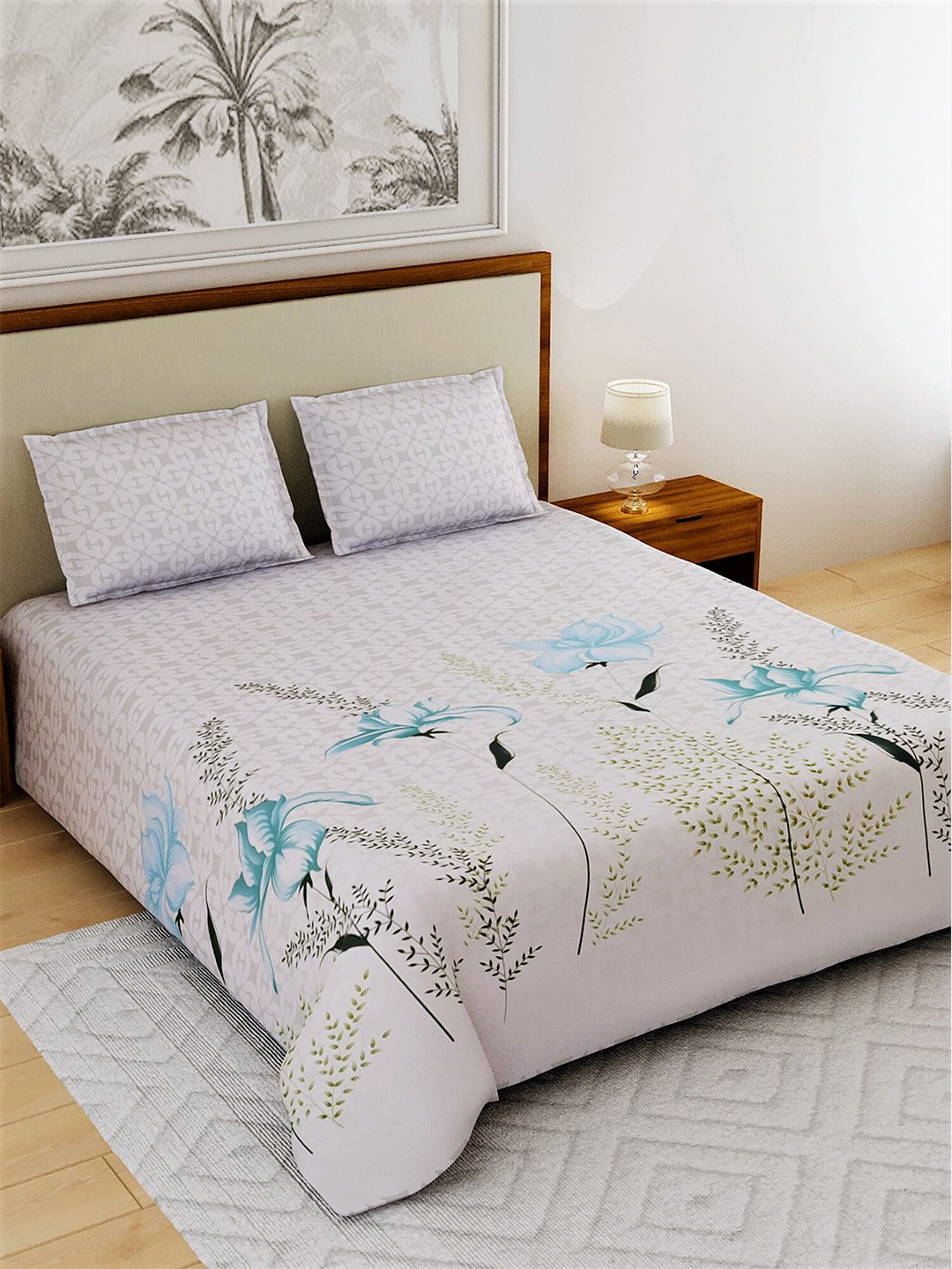 

Salona Bichona Grey & Off White Floral 180 TC Queen Bedsheet with 2 Pillow Covers
