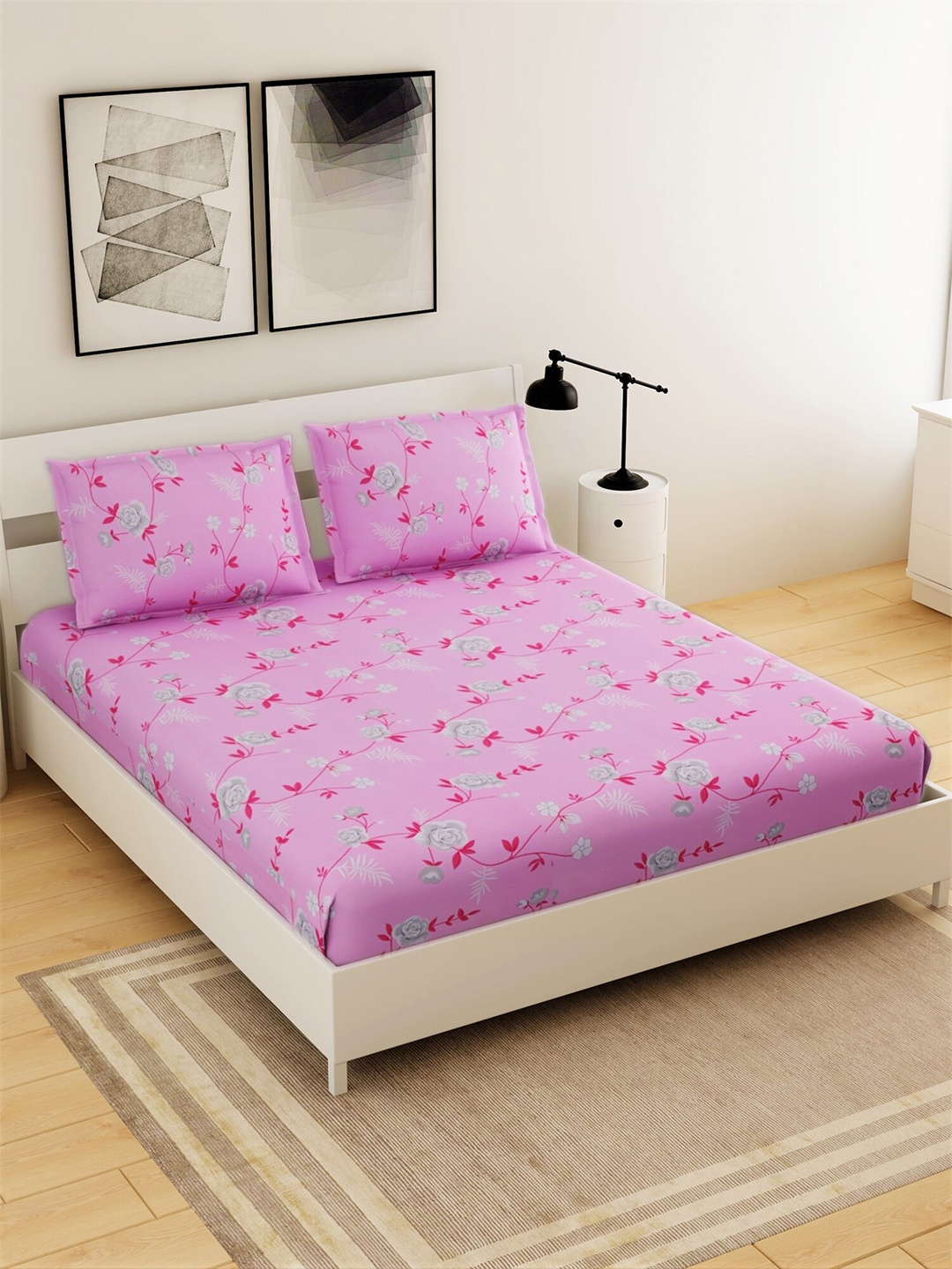 

Salona Bichona Pink Floral 144 TC Queen Bedsheet with 2 Pillow Covers