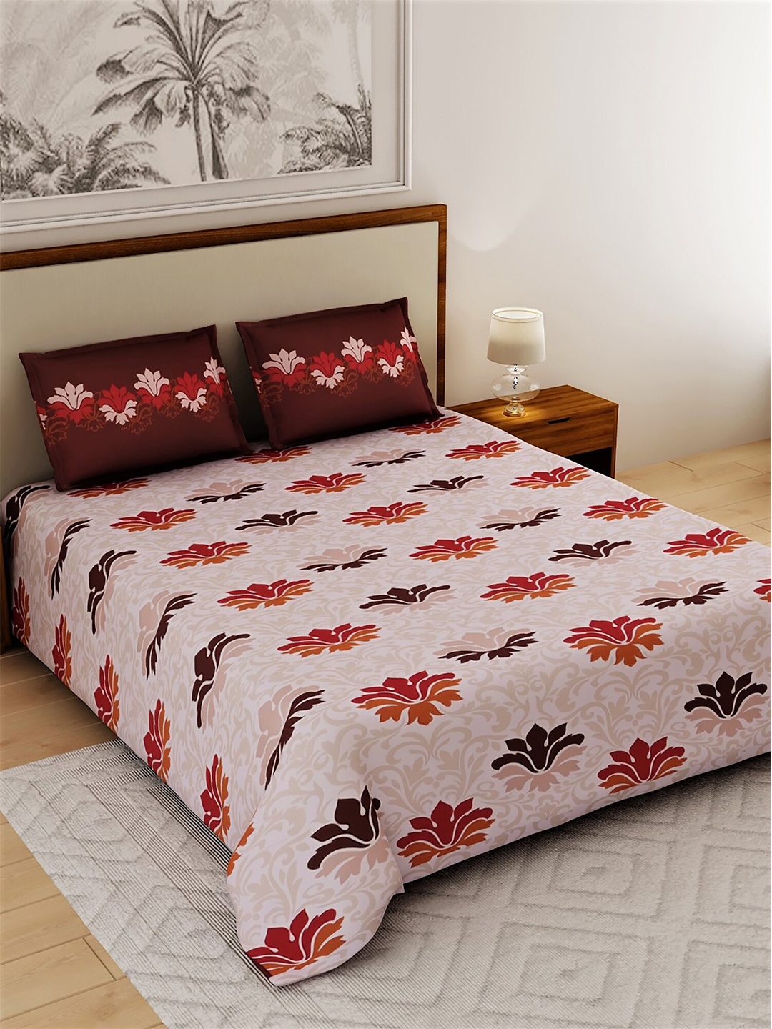 

Salona Bichona Off White & Brown Floral 180 TC Queen Bedsheet with 2 Pillow Covers