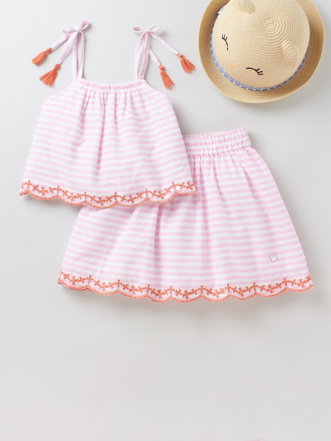 

Ed-a-Mamma Girls Pink & White Striped Sustainable Top with Skirt