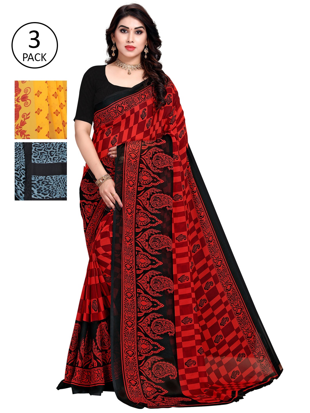 

KALINI Pack of 3 Printed Poly Georgette Sarees, Multi